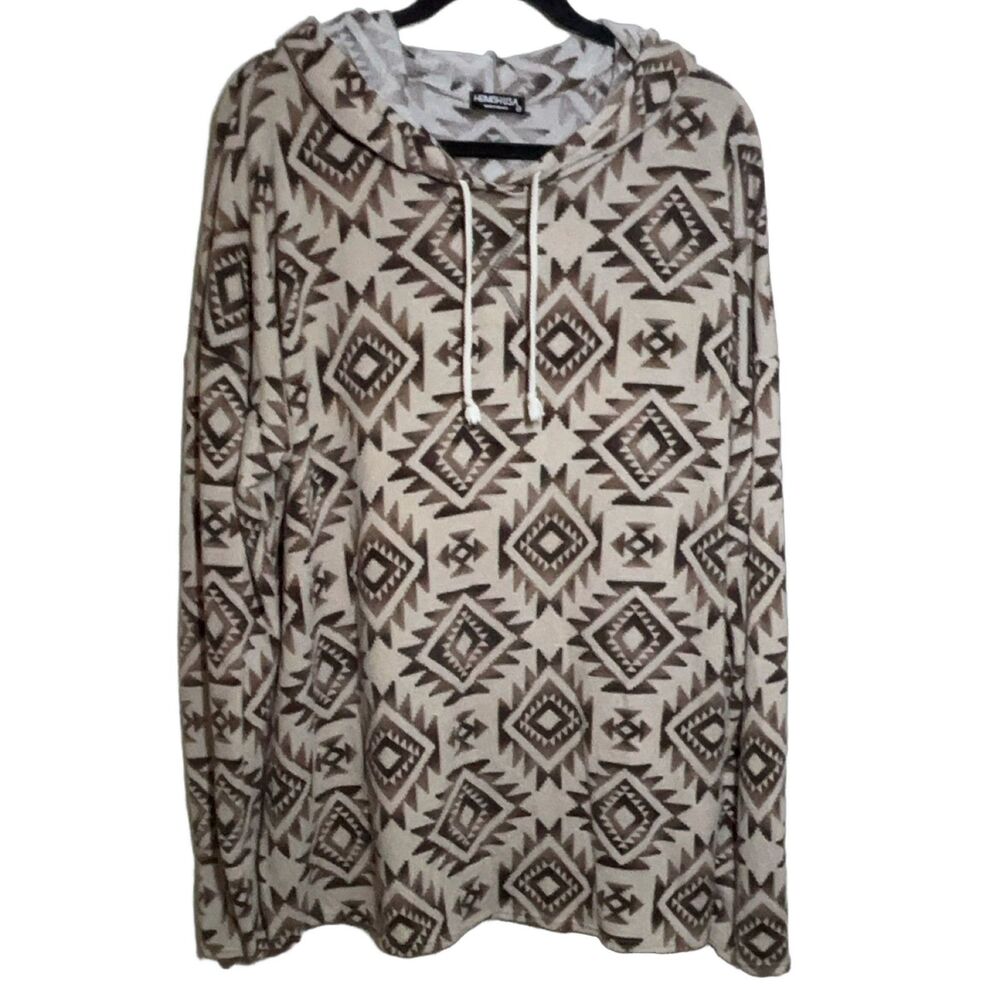 HEIMISH U.S.A Women's 2X Hoodie Pullover Beige Geometric Aztec Fleece Long